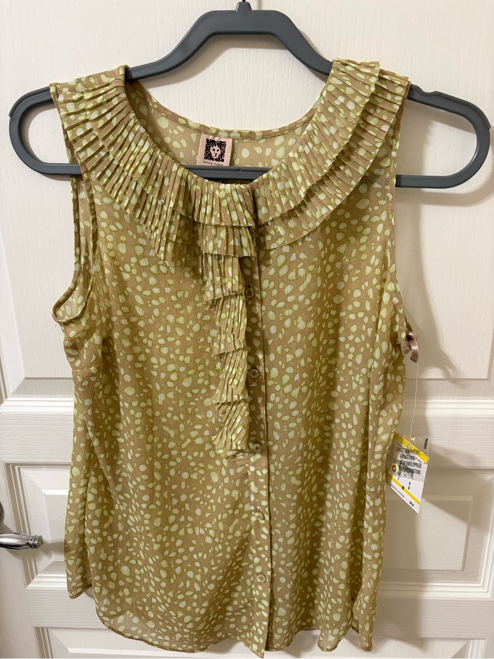 Anne Klein Olive Green Printed Ruffled Sleeveless Top